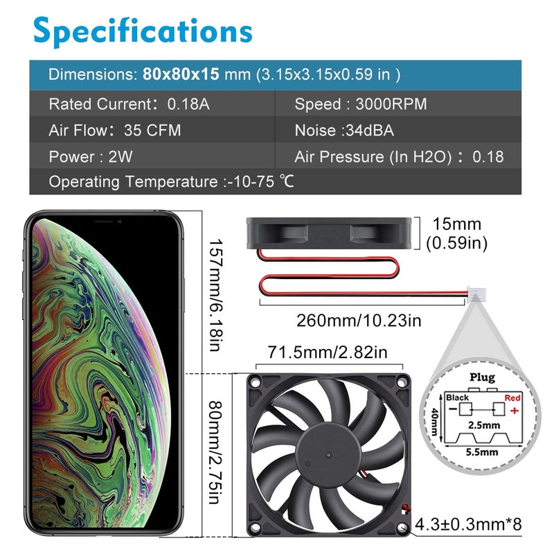 Wathai DC Brushless 12V Cooling Case Fan 80mm x 15mm 3'' 2Pin for Exhaust Replacement Part 2Pack - Image 2